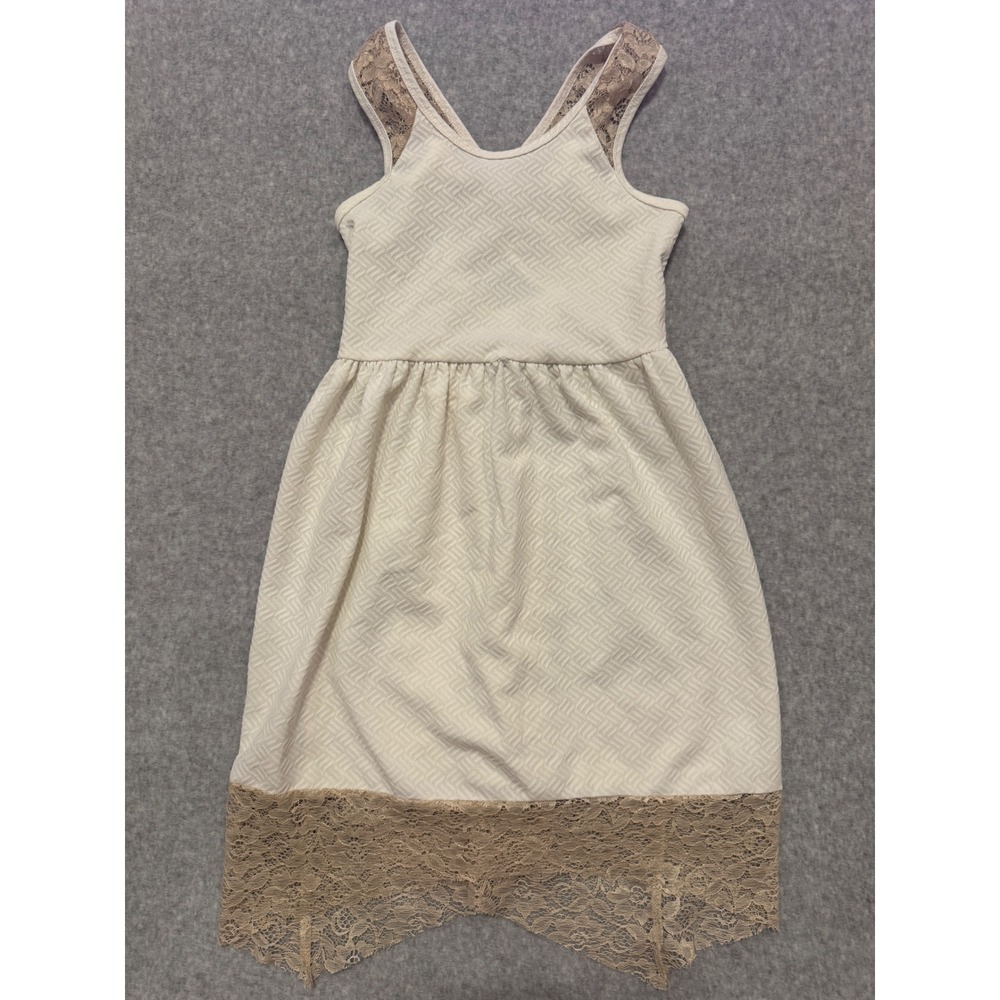 Bonnie Jean Girls Cream Textured Lace Trim Handkerchief Hem Dress Size 10